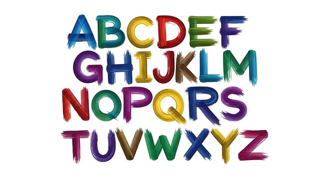 Colorful alphabet letters painted with broad strokes on a white background