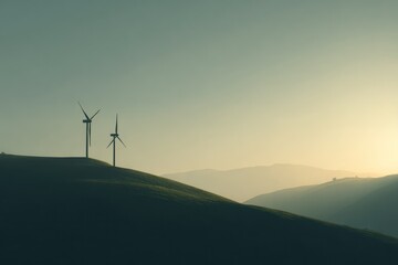 Obraz premium Wind turbines on green hill at sunset