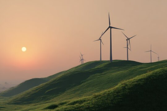 Sustainable wind power towers in sunset landscape