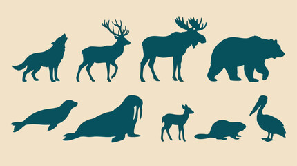 Collection of wild animal silhouettes including wolf, moose, bear, and walrus © Mountain Top Studio