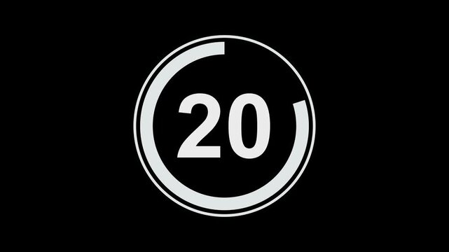 Minimalist circular countdown timer animation featuring a smoothly decreasing progress bar and bold white numbers on a clean black background, for broadcast, editing, and media production