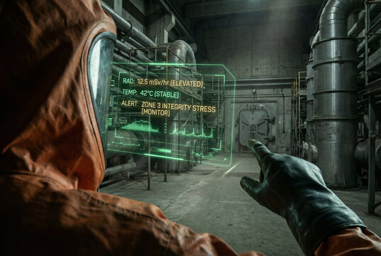 Hazmat worker using augmented reality display to monitor radiation levels in industrial facility