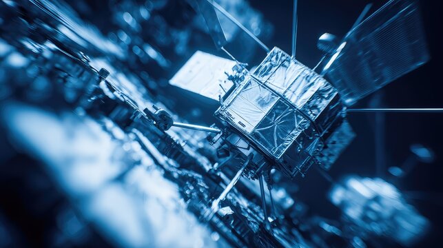 Satellite transmitting signal and orbiting earth in space