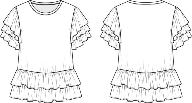 Technical fashion illustration, blouse design, large bow neckline, bishop sleeves, wide cuffs, button closure, yoke detail, garment construction drawing