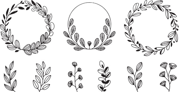 Black outline floral wreaths and branches simple hand-drawn botanical elements Vector Design.