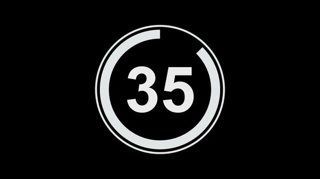 Minimalist digital countdown timer featuring a sleek white circular progress bar and bold sans-serif numbers counting down from thirty-two to zero on a clean black background, for media projects