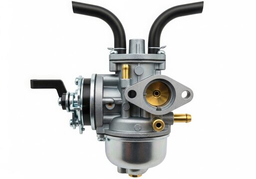Close-up view of a complex mechanical carburetor with various components and attachments.