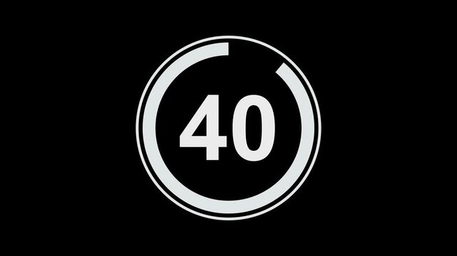 Minimalist circular countdown timer animation featuring a smoothly decreasing numerical display from thirty-six to ten seconds on a clean black background, for broadcast and, editing projects