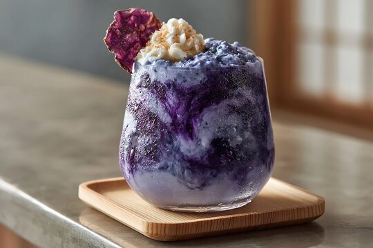 Beni imo smoothie with whipped cream and purple sweet potato chip