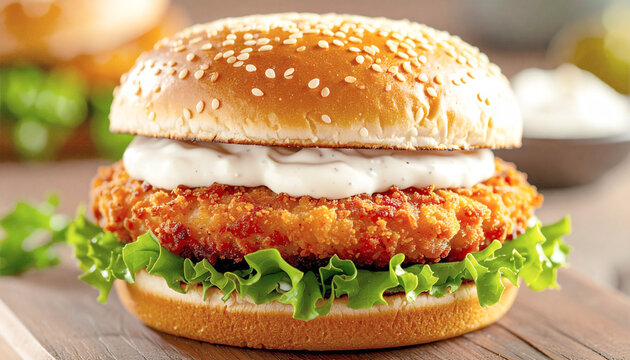 Juicy breaded pork cutlet sandwich on soft sesame seed bun, rustic background. AI