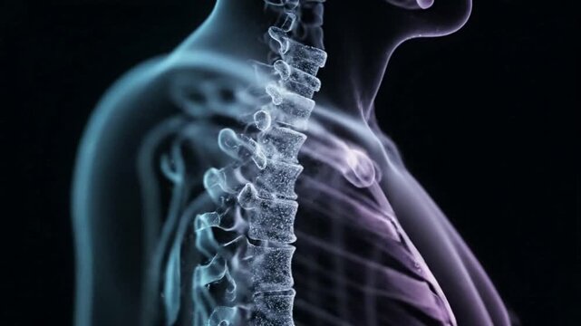 3D Digital Illustration of Human Spine and Upper Torso Skeleton Anatomy with Glowing Blue and Purple Effects