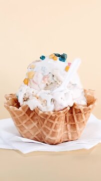 ice cream in wafer cup  blue cream delicious realistic summer food cold fresh