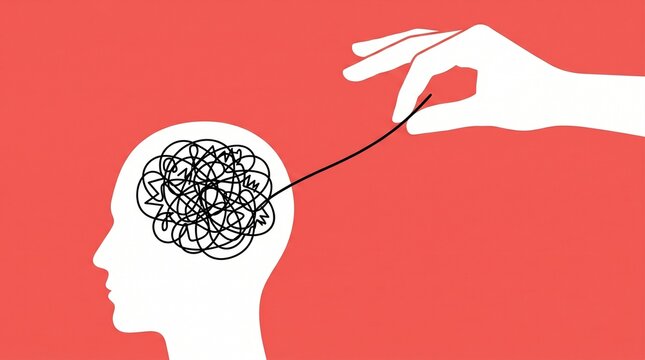Conceptual illustration of mental health support, with a hand untangling a knotted string inside a silhouette of a human head