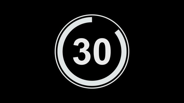 Minimalist circular countdown timer animation featuring decreasing numbers from twenty-eight to eight seconds for broadcast transitions, digital interface overlays, and media production editing