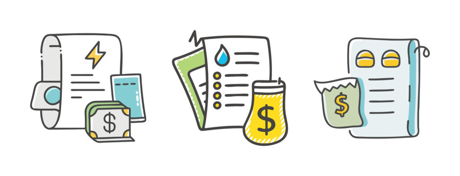 Utility bills and money icons representing expenses for electricity, water, and gas