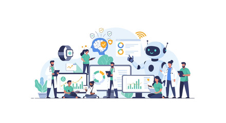 Naklejka premium AI Healthcare Team: Doctors and Nurses Working with Robot on Medical Data Analysis, Digital Diagnostics, and Telemedicine Tech