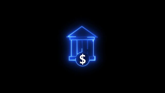 glowing neon bank icon animation. virtual finance structure light motion, digital banking logo animation.