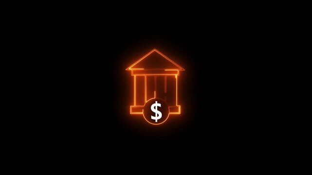 glowing neon bank icon animation. virtual finance structure light motion, digital banking logo animation.