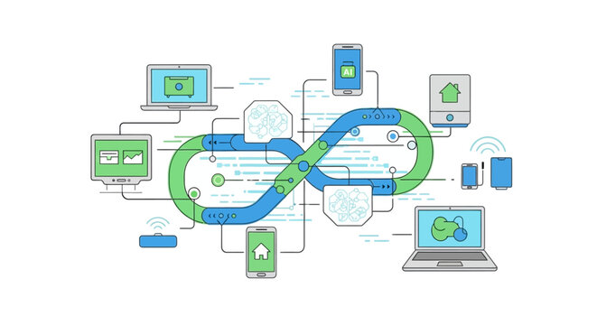 DevOps Infinity Loop: Continuous Integration and Delivery Workflow Diagram. AI, Data Flow, and IoT Ecosystem Network Illustration.