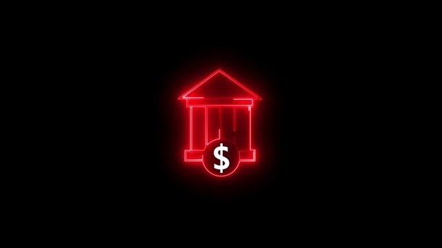 glowing neon bank icon animation. virtual finance structure light motion, digital banking logo animation.