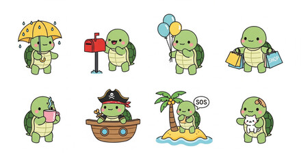 Obraz premium Cute turtle character vector set with cartoon reptiles in daily life scenes including rain shopping pirate adventure and rescue themes