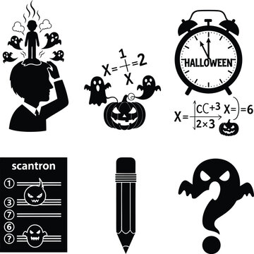 A halloween themed math scantron test with a pencil and clock