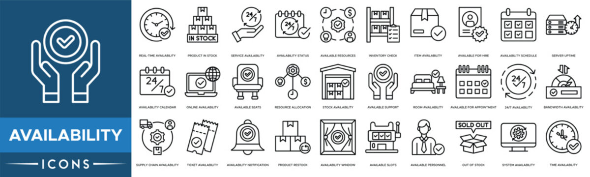 Set of logistics and business availability icons representing stock status and operational readiness