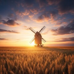 Fototapeta premium Majestic wooden windmill stands tall amidst a vast golden wheat field under a dramatic sunset sky with soft fluffy clouds and warm light, summer, wind, sustainable