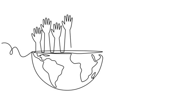 Self drawing animation of continuous one line drawing hand reaching up from a half-globe. Global impact. World NGO Day. Full length animated, video design illustration. World Humanitarian Day themes.