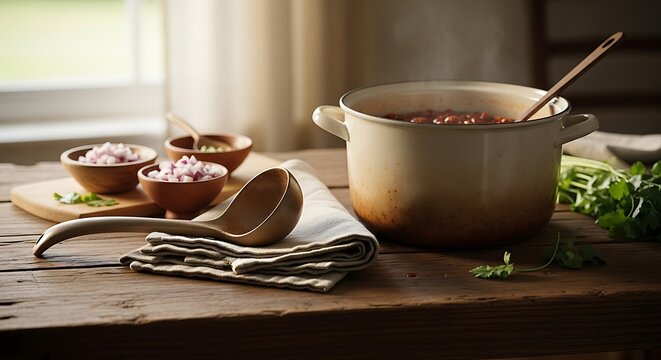 A rustic kitchen setup with a steaming pot of homemade chili cookoff stew, wooden bowls of chopped red onion, fresh cilantro, and a ladle on a table