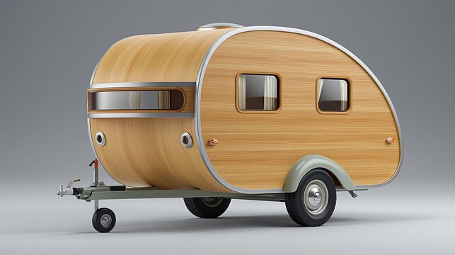 Vintage-style wooden travel trailer with rounded design, featuring large windows and a metallic hitch, positioned on a gray background for emphasis on its unique shape