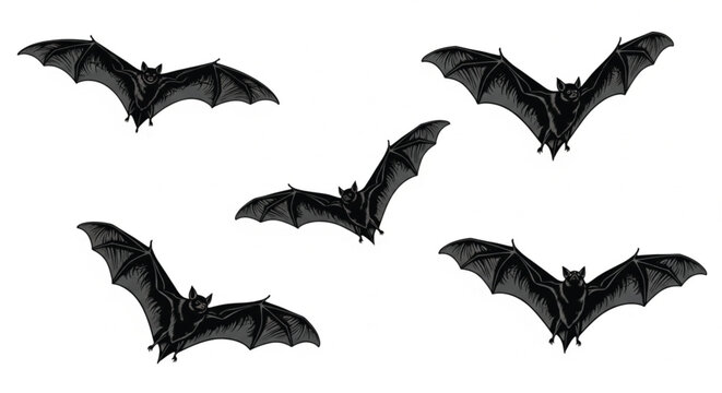 Flying bat vector set in black and white with detailed wings for Halloween spooky designs gothic themes and dark illustration use