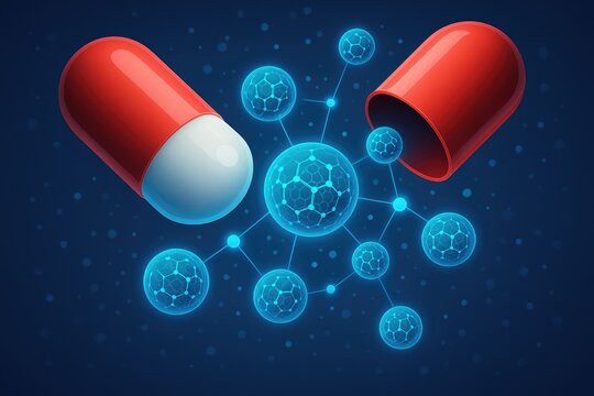 Red capsule pill opens revealing glowing blue molecular structure nodes.