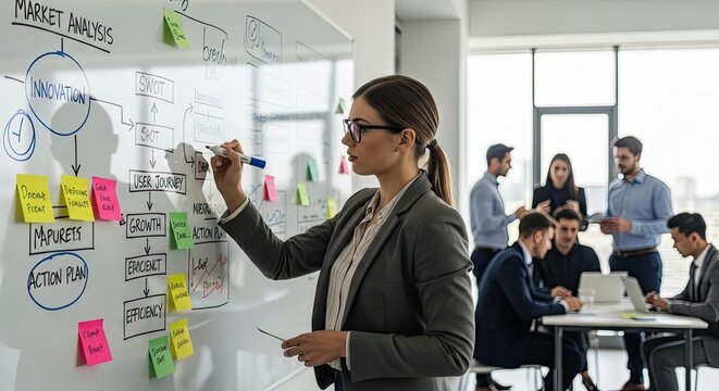A businesswoman writing on a whiteboard with a group of people in the background.