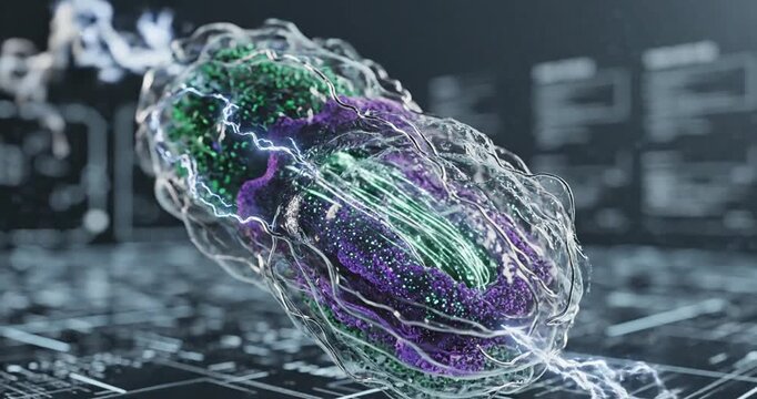 3D visualization of a vibrant, pulsating cell with electric energy in a futuristic lab setting