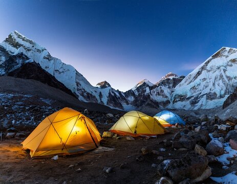 high altitude adventure illuminated tents at everest base camp