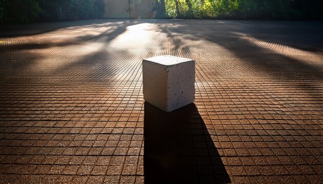 lone concrete block stands center frame textured surface illuminated soft morning light casting serene shadows surrounding