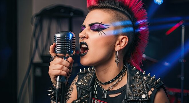 A punk rock singer with a mohawk and colorful hair, singing into a microphone on stage.