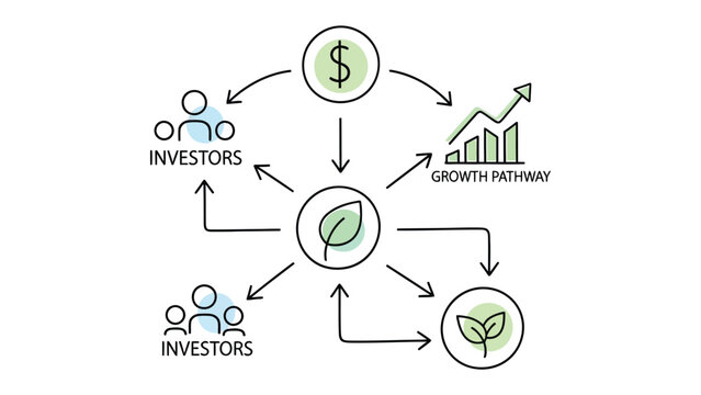 Green Investment: A dynamic illustration visualizing the cyclical flow of financial resources into sustainable, eco-friendly ventures. Featuring elements of investors, a dollar symbol.