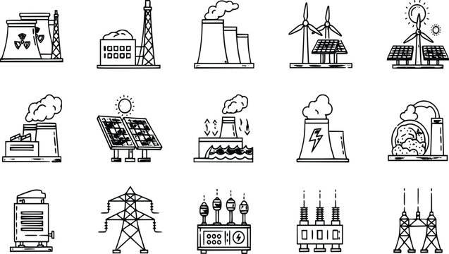 Technical line art vector icon set for power generation energy sources and electrical grid distribution isolated on white background