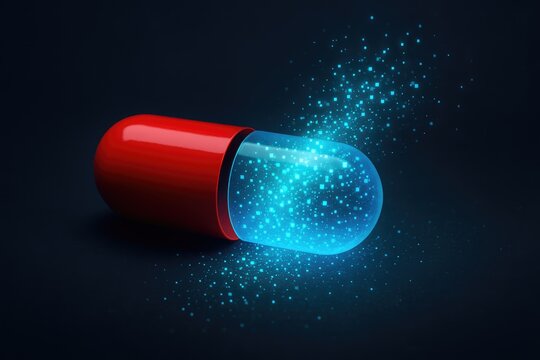 Red pill capsule releasing glowing blue digital particles across dark flat.