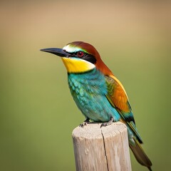 Fototapeta premium Colorful avian perched on weathered wooden post, vibrant plumage, soft bokeh background