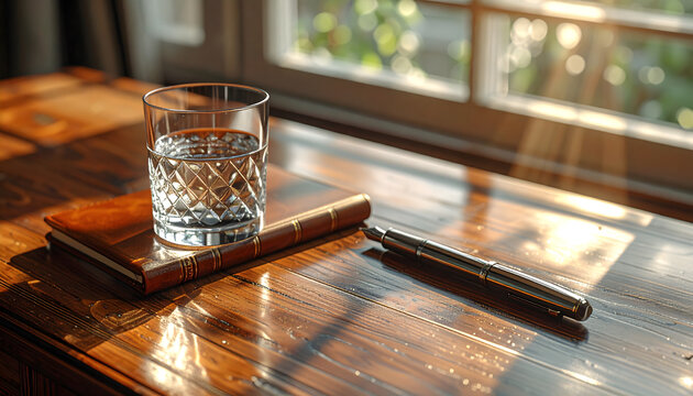 Oak writing desk featuring a leather bound directory silver fountain pen and crystal glass with light creating caustic wood patterns generative AI