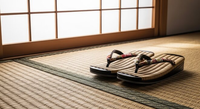 Traditional zori sandals rest on a woven tatami mat by a sliding shoji screen, capturing the essence of a serene and quiet interior space, shoji, minimalism, materials
