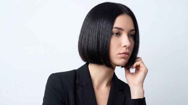 Young woman with pageboy haircut thinking while wearing a black blazer  