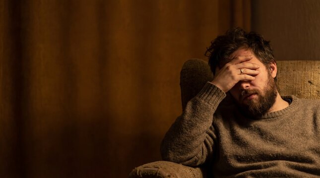 Depressed man sitting on a chair covering his face in a dark room