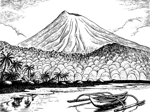 Stunning volcano landscape drawing featuring mountain peak above dense forest with outrigger canoe on river bank in traditional woodcut style for adventure exploration.