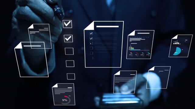 Document management concept, Businessman check electronic documents on digital documents on virtual screen Document Management System and process automation to efficiently document paperless operate