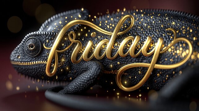 Ein stilisiertes schwarzes Cham&auml;leon tr&auml;gt den goldenen Schriftzug &bdquo;friday" auf seinem K&ouml;rper, eingebettet in goldene Glitzerpartikel
