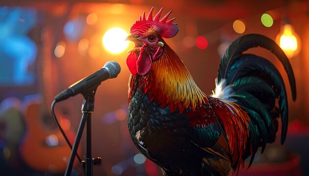 Rooster sings into microphone at a concert